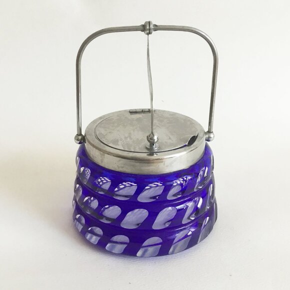Cobalt Blue Cut to Clear Glass Flashed Geometric Pattern Hinged Marmalade Jar - Picture 1 of 12